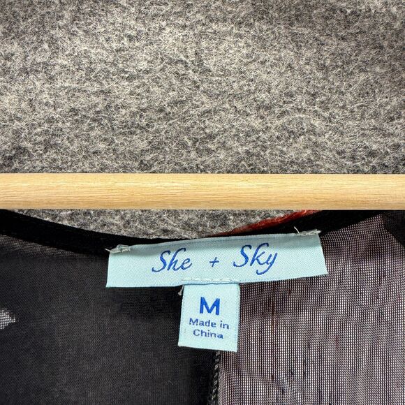 She + Sky Top Women M Medium Gray Floral Open Front Long Sleeve Cotton Casual - Picture 3 of 7